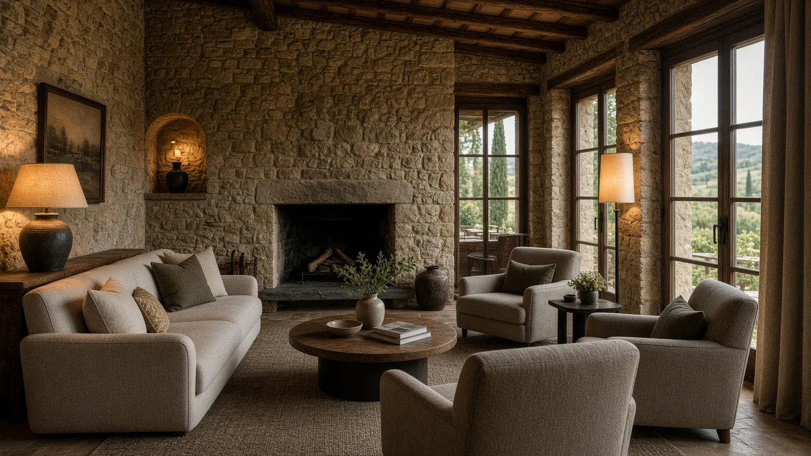 Salotto di un agriturismo toscano con divano e poltrone su misura, parete in pietra e camino