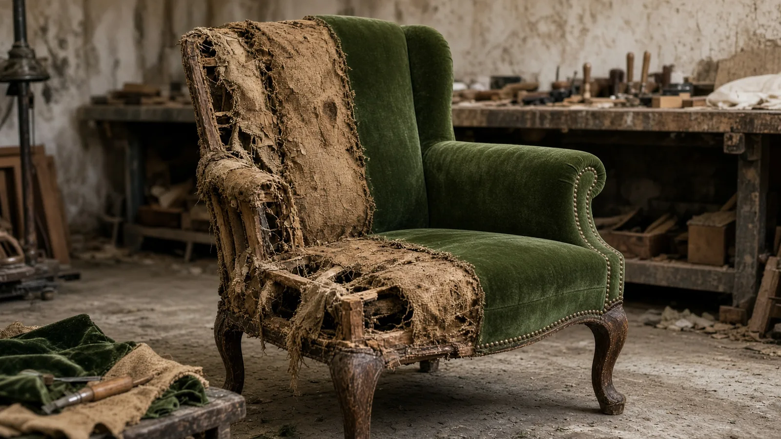 Poltrona d'epoca a metà restauro, con il vecchio rivestimento da un lato e il velluto verde nuovo dall'altro